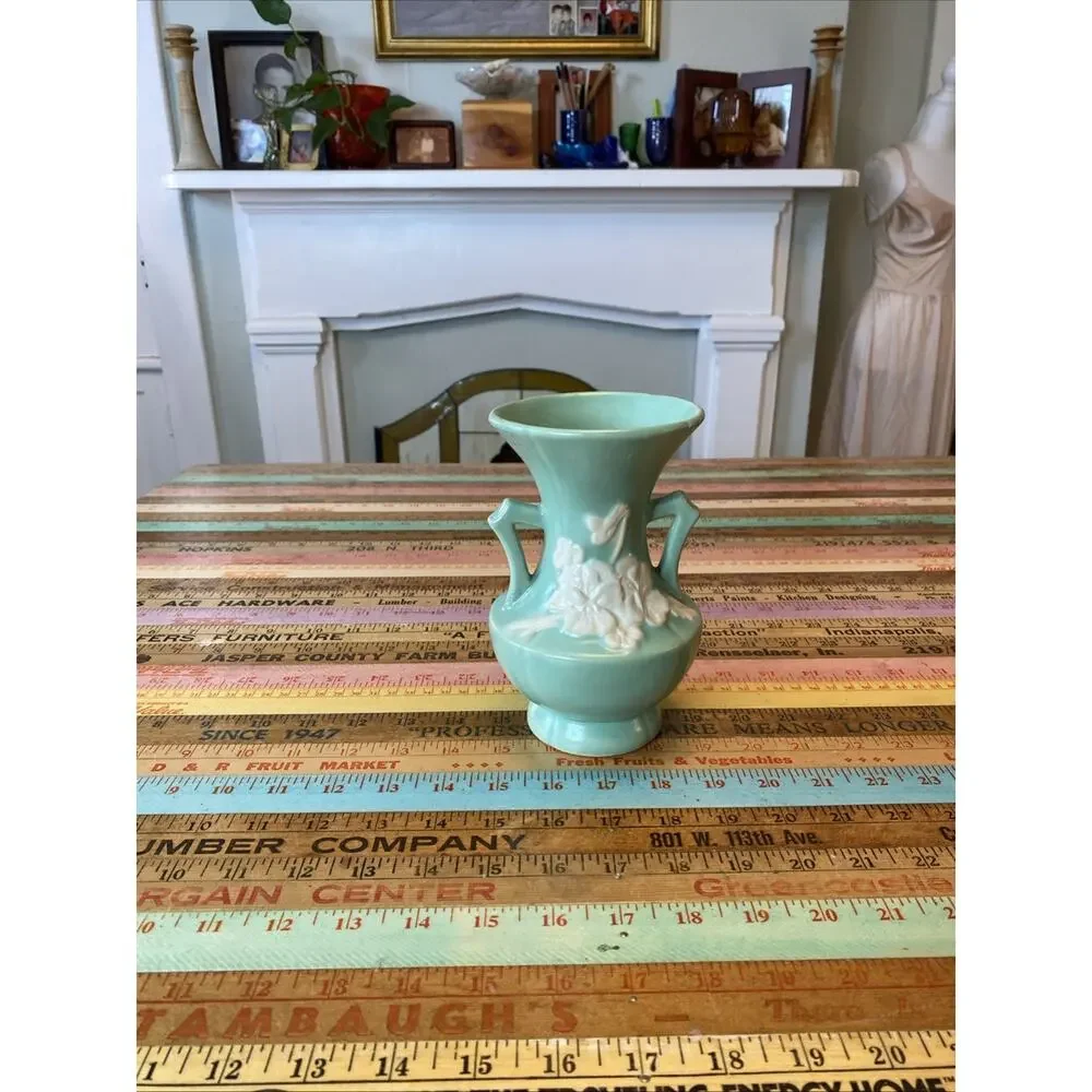 Vtg Weller Pottery Vase Double Handle Blue Floral Bouquet 30s Art Deco Nouveau